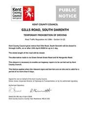 Urgent Road Closure - Gills Road, South Darenth - 15th April 2026 (Sevenoaks)