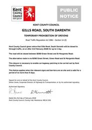 GILLS ROAD, SOUTH DARENTH TEMPORARY PROHIBITION OF DRIVING