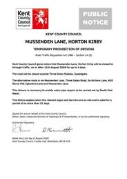 MUSSENDEN LANE, HORTON KIRBY TEMPORARY PROHIBITION OF DRIVING