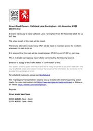 Calfstock Lane - Urgent Road Closure
